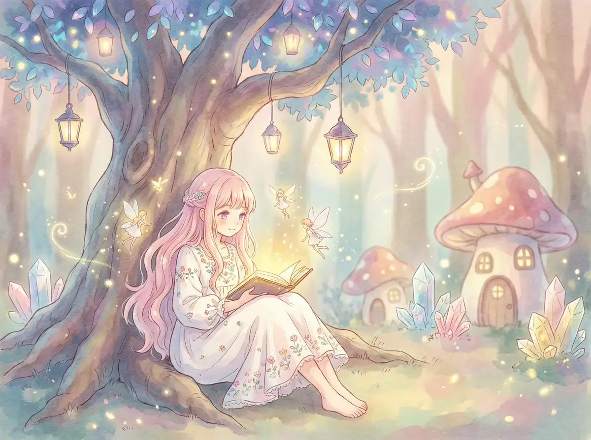 佩小姐的奇幻城堡迅雷下载 - 魔法森林中阅读故事书的粉发少女与精灵